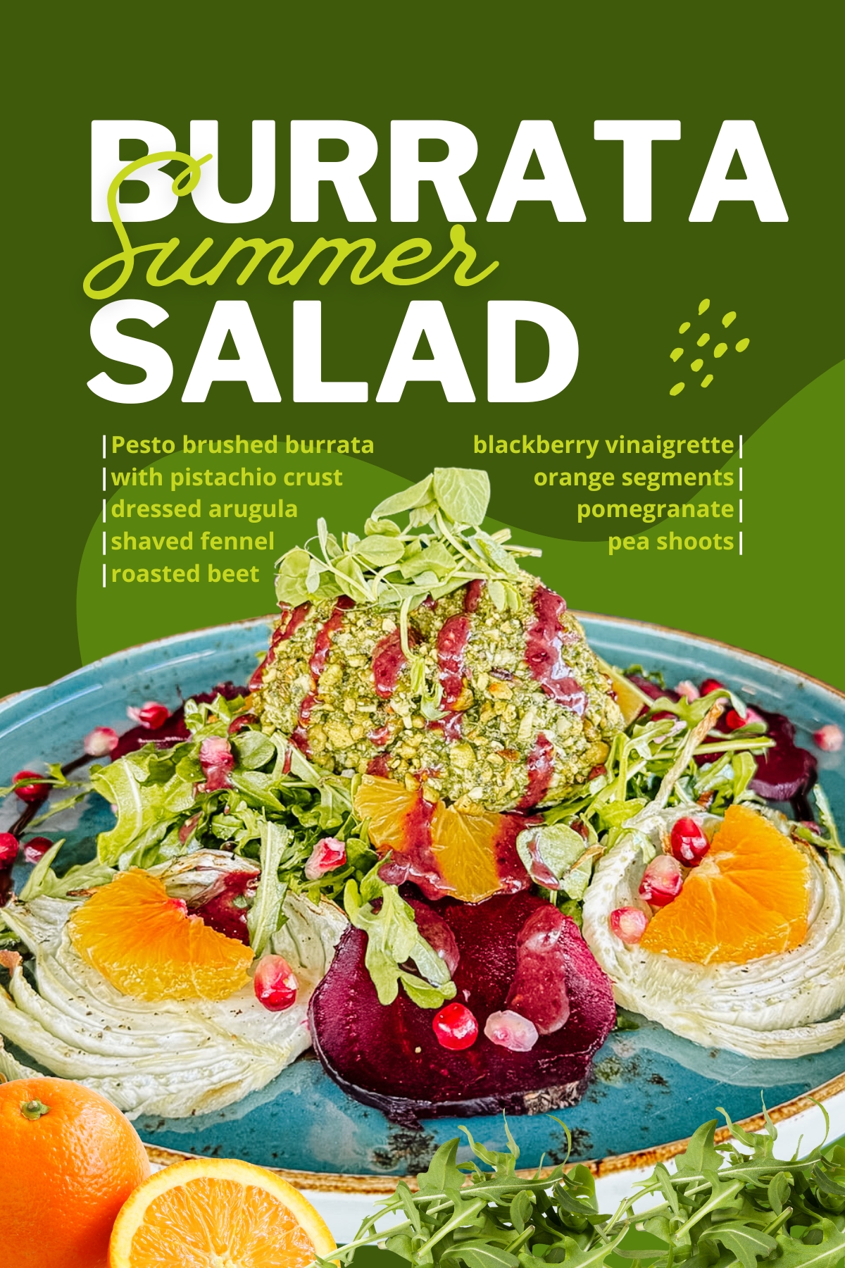 Summer feature menu item promo: Burrata Summer Salad
