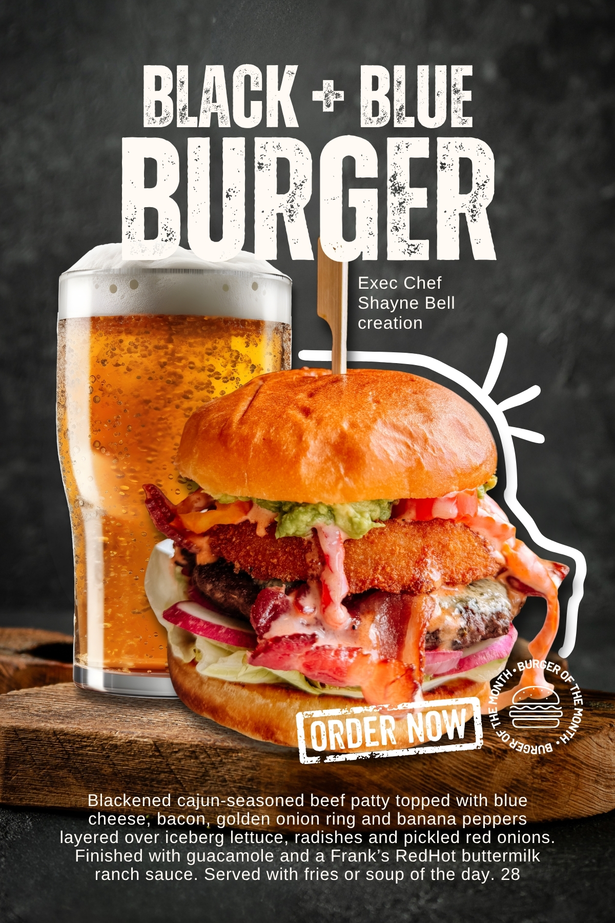 August feature burger - Black and Blue Burger Black and Blue burger promo poster