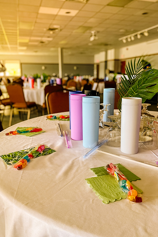 Graduation table setup in Voyageur room in the event center