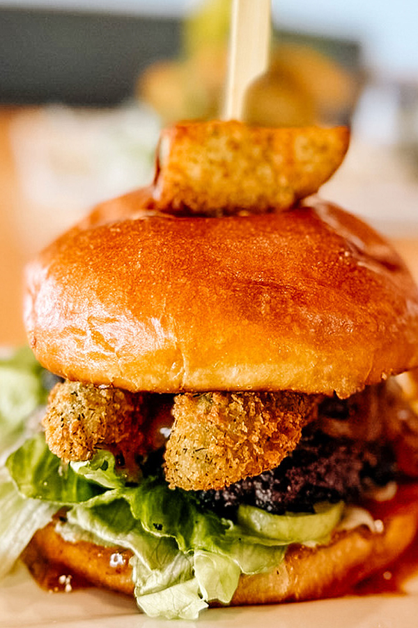 Pickle Burger with fried pickles and sliced dill pickles